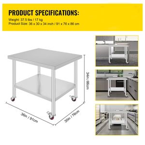 Banco da Lavoro in Acciaio Inox Resistente 36 X 30 X 34 Pollici, Capacità di Carico 700 LBS, 4 Ruote, 3 Livelli di Altezza Regolabili per Alimenti - Product Image 3