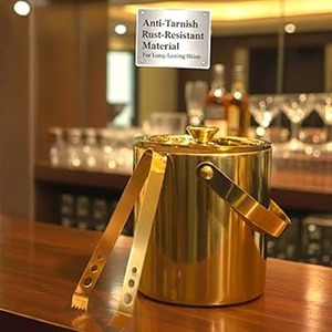 Elegant Gold Metal <b>Ice</b> <b>Bucket</b> Featuring Vertical Line Patterns Complete <b>With</b> A Fitted <b>Lid</b> And A Matching Pair Of Tongs - Product Image 5