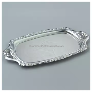 Plateau de service fantaisie en aluminium de forme carrée Plateau décoratif pour aliments Article antique Plateau fantaisie en or argenté - Product Image 2