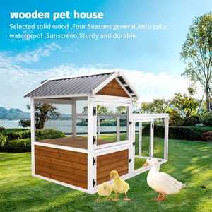 Poulailler et enclos à lapins en bois de 77 pouces pour l'extérieur, avec nichoir en PVC imperméable, jaune - Product Image 2