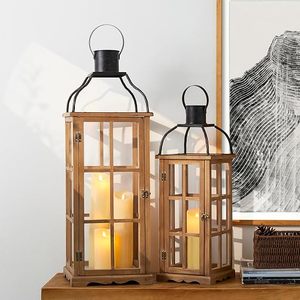Rustic Wooden Candle <b>Lantern</b> <b>Set</b> Farmhouse Decorative Hanging <b>Lantern</b> with Glass Panels for Home Wedding Garden Decor - Product Image 4
