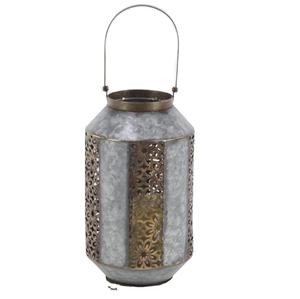 Lanterne à bougie en métal galvanisé avec motif floral découpé décoratif et poignée, décoration de table suspendue, finition argent et bronze - Product Image 1