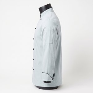 Veste de chef en twill de coton et polyester de qualité supérieure, 200 GSM, gris clair, passepoil noir, double boutonnage, broderie de logo personnalisée - Product Image 3
