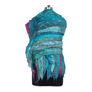 Multi Color Long Imitation <b>Silk</b> <b>Vintage</b> Sari Fabric <b>Scarves</b> with Patches Multi-Functional Gift Option Wholesale India - Product Image 3