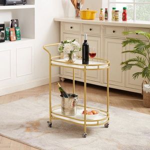 Decorative Iron Bar Cart with Gold Finish Glass Shelves Rolling <b>Serving</b> <b>Trolley</b> Home Bar Kitchen Dining Room Stylish Furniture - Product Image 5