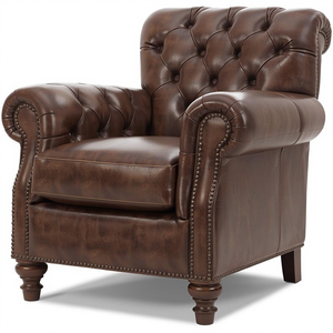 Fauteuil en cuir brun vintage de luxe avec pieds en bois, fauteuil d'appoint de style mid-century, canapé simple pour la décoration du salon - Product Image 1