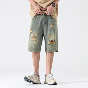 Shorts en jean déchirés et délavés pour homme, coupe droite, taille mi-haute, décontractés, en coton, bleu clair, pour l'été - Product Image 1
