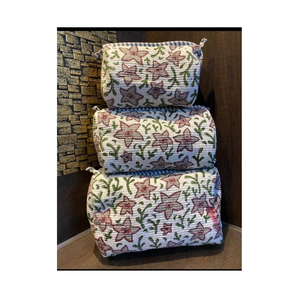 Premium Fashion Women’s Travel <b>Makeup</b> Pouch Canvas Zipper Case Geometric Pattern Hand Block Printed Cosmetic <b>Storage</b> Bag - Product Image 3