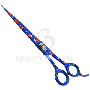 Ciseaux de coiffure professionnels bleu foncé avec motif floral doré orné et bord convexe tranchant - Product Image 4