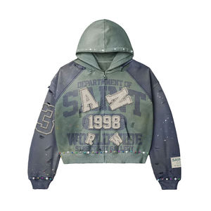 Conjunto de Sudadera con Capucha y Pantalones Deportivos de 2 Piezas con Logotipo Bordado Personalizado y Pedrería, para Hombre, Estampado, de Algodón Grueso, Estilo Vintage - Product Image 2