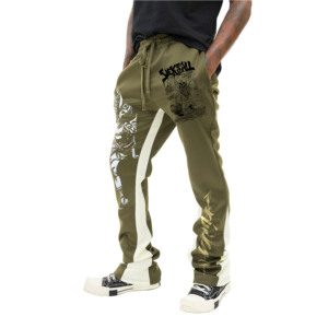 Men's Olive Green Printed Sweatpants With <b>White</b> Graphic Side Stripe Elastic Waist Street Style <b>Joggers</b> - Product Image 2