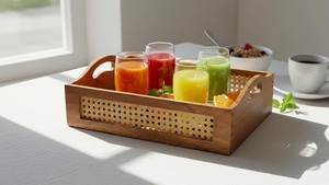 Handcrafted Wooden Storage Trays with Cane Weaving Natural Rattan <b>Box</b> with Handles Decorative Multipurpose Organizer Basket Set - Product Image 4