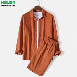 NAIMAT Men's Solid Color Cotton Shirt and <b>Pants</b> Set Turn-<b>down</b> Collar Casual Summer Wear Breathable Woven Outfit - Product Image 1