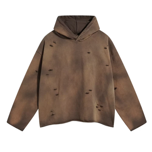 เสื้อฮู้ดแฟชั่นสไตล์สตรีทแวร์ขาดๆ แบบวินเทอร์ ผ้าฝ้ายฟลีซฟอกสี - Product Image 3