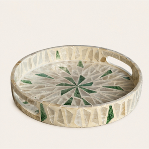 Bandeja de Servir Redonda de Lujo con Incrustaciones de Madreperla, Mosaico Verde Geométrico, Bandeja Decorativa con Asas para Mesa de Centro, Venta al Por Mayor - Product Image 5