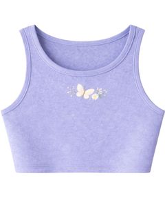 Ensemble décontracté deux pièces pour femme : débardeur court côtelé et short à cordon de serrage, violet lavande avec broderie papillon et marguerite - Product Image 3