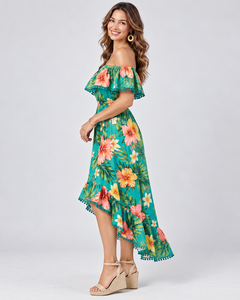 Off The Shoulder Floral Print Chiffon Dress With Ruffles Tea-Length A-Line Casual Vacation Style For Adults wholesale - Product Image 4