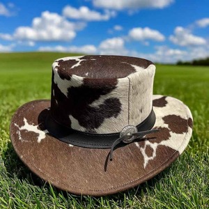 Premium quality custom Handmade unisex Cowhide Hair On Leather Top <b>Hat</b> With Western <b>Band</b> Festival Style - Product Image 3