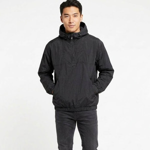 Men's Black Hooded Quarter-Zip Puffer <b>Jacket</b> Windproof Casual Winter Coat Polyester <b>Fleece</b> <b>Lining</b> Regular Fit - Product Image 1