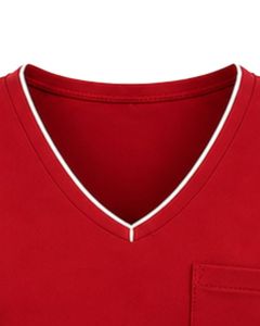 Camiseta Roja Personalizada para Mujer, Cuello en V, Ribete en Contraste, Manga Corta, Bolsillo, Suave, Transpirable, Informal, Verano, Ajuste Cómodo - Product Image 3