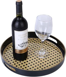 Round Decorative Tray with Handles Marbling Plastic Vanity Tray Basket Weave Modern for Ottoman <b>Coffee</b> <b>Table</b> - Product Image 2