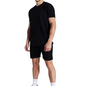 Conjunto de Camiseta y Pantalones Cortos Negros Casuales de Verano para Hombre, Cuello Redondo, Tejido de Punto, Color Sólido, Transpirable, Algodón, Estampado, Alta Calidad, para Entrenamiento - Product Image 1