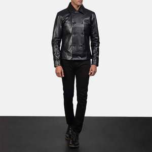 <b>Men's</b> Genuine <b>Leather</b> <b>Jacket</b> Double Breasted Turn-down Collar Slim Fit Moto Biker Style Autumn Wear - Product Image 4