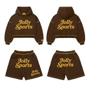 Conjunto de Sudadera Corta y Pantalones Cortos de Felpa de Algodón y Poliéster GSM para Mujer, con Costuras en Contraste, Estampado Puff y Logotipo Personalizado - Product Image 4