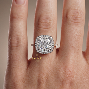 <b>Cushion</b> Cut Lab Grown Diamond Halo Engagement Ring with Pave Diamond Band Silver Wedding Party Trendy - Product Image 3