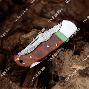 Custom Hand Forged Damascus Pocket Knife Back Lock Survival Camping Outdoor 3.5in Multifunctional Genuine <b>Leather</b> Sheath Wood - Product Image 3