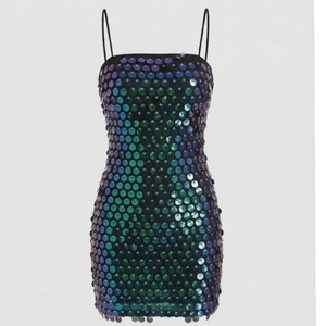 Ocean Wave Pattern Seed Bead Embroidery Mini Dress Blue Green Rayon Fabric Evening Party Outfit Sleeveless Bodycon Summer - Product Image 5