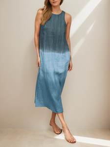 Women Ombre Cotton Linen Midi <b>Dress</b> Sleeveless Straight Fit Casual <b>Summer</b> <b>Dress</b> Side Slit Minimalist Elegant <b>Dress</b> - Product Image 3
