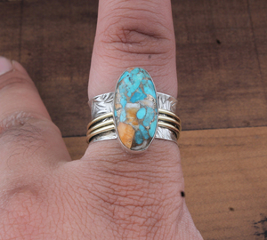 Anillo Ancho de Plata de Ley 925 con Turquesa Natural y Cobre, Joyería Clásica para Unisex, Venta al por Mayor - Product Image 4