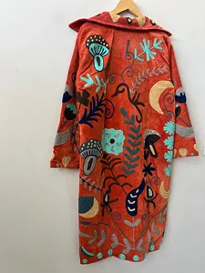 Bohemian <b>Coral</b> Red Embroidered Velvet Suzani Long <b>Jacket</b> With Floral Design Full Sleeve Winter Outerwear For Women - Product Image 5