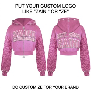 Women <b>Crop</b> <b>Top</b> Hoodie Knitted ODM 320 GSM Premium Cotton Fleece <b>Pink</b> Leopard Sleeves Custom Raised Chenille Embroidery - Product Image 1