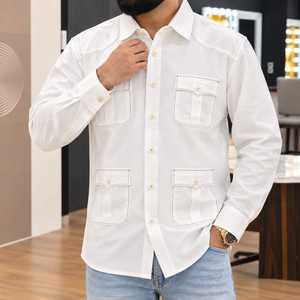 เสื้อเชิ้ตผ้าลินินระบายอากาศสำหรับผู้ชาย แขนยาว ติดกระดุมด้านหน้า เสื้อแจ็คเก็ตทำงาน มีกระเป๋าสี่ช่อง เสื้อคลุมลำลองสไตล์ทหาร - Product Image 5