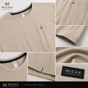 Nueva Camiseta de Hombre de la Marca Micah Corporation 2026, Color Beige Texturizado, con Bolsillo con Cierre, Manga Corta, 100% Algodón Jersey, Secado Rápido - Product Image 4
