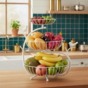 Three Tier Wire Fruit <b>Basket</b> Storage Rack Round Modern Kitchen Stand Type White Metal Wire Non Folding <b>Stackable</b> Fruit Holder - Product Image 5