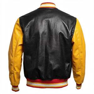 Custom Wool Body And Real Leather Sleeves Varsity Jacket <b>Mens</b> Letterman Jacket Vintage Outerwear Streetwear <b>Black</b> And Gold - Product Image 1