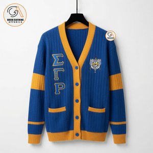 Sigma Gamma Rho Women's Blue <b>cardigan</b> <b>sweater</b> women Greek embroidery <b>sweater</b> 100% cotton knitted <b>cardigan</b> V-neck full sleeve - Product Image 1