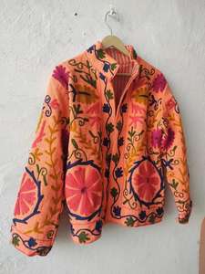 Abrigo de Terciopelo de Algodón Bordado, Chaqueta Larga Suzani, Estampado Floral a Mano, Abrigo Naranja - Product Image 2
