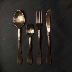 Rose Gold PVD coated <b>Flatware</b> Set of 4 Cutlery Spoon Fork Knife Hammered Perfect Wedding Rental Cutlery - Product Image 1