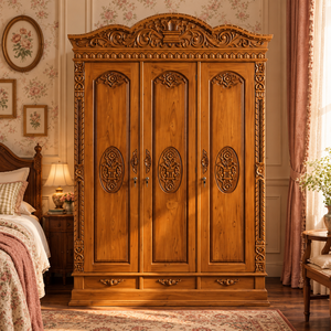 Armoire traditionnelle en bois massif sculpté avec trois portes battantes et rangement verrouillable pour mobilier de chambre classique - Product Image 1