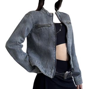 Distressed Washed Denim <b>Jacket</b> Stand Collar Zip Long Sleeve Windproof Modern Street Casual Autumn Outerwear 2026 - Product Image 2