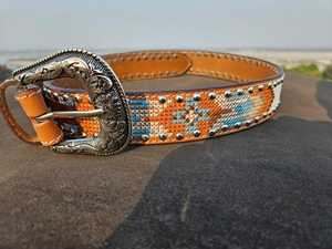 Premium Vintage Turquoise Beaded Western Leather Belt with Floral-<b>Tooled</b> Cowboy Strap Waterproof & Durable Silver Buckle - Product Image 2