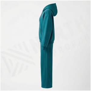 Unisex Teal Hooded Zip-Up Sweatshirt And <b>Sweatpants</b> <b>Set</b> Full Length Loose Fit Solid Color Casual Tracksuit Autumn Wear - Product Image 3