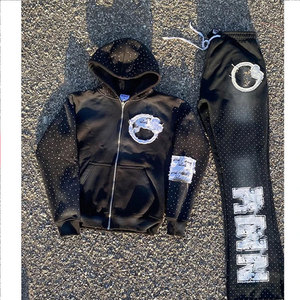 Ensemble de survêtement rose et noir à capuche pour homme, grande taille, 100 % coton, avec lettrage en strass, sweat-shirt à fermeture éclair intégrale et pantalon, style décontracté printemps - Product Image 6
