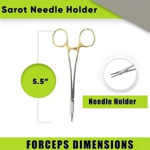 Porte-aiguilles/porte-sutures manuel en acier inoxydable TC Sarot de qualité supérieure, inserts en carbure de tungstène, anneaux dorés, certifié CE Classe I - Product Image 3