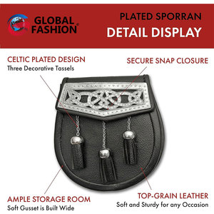 Sporran Escocés de Cuero Genuino con Diseño Celta Plateado de 8 Pulgadas, con 3 Borlas y Cadena para Cinturón - Product Image 3