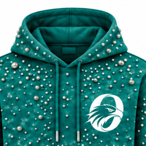 Sudadera con Capucha Unisex Oversize de Color Verde Azulado con Cuentas de Perlas, Estilo Casual Urbano, con Bolsillo Canguro, Ropa de Moda Personalizada - Product Image 3